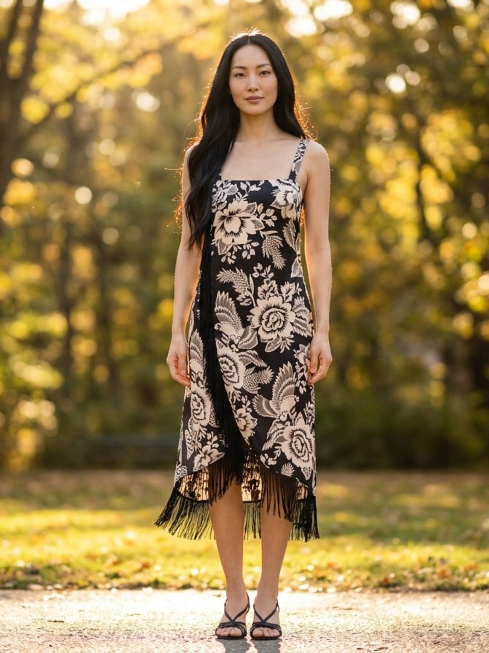 XS FARM Rio Sleeveless Square Neckline Fringe Midi Dress